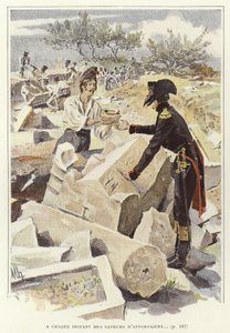 جندي يمرر وعاءًا إلى جندي آخر بين أنقاض نيكوبوليس بواسطة Felicien baron de Myrbach Rheinfeld