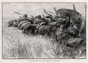 هجوم مسيس. نقش ميرباخ لتوضيح قصة "" Au secours d'Emin Pacha "، للدكتور بيترز (1856-1918) بواسطة Felicien baron de Myrbach Rheinfeld