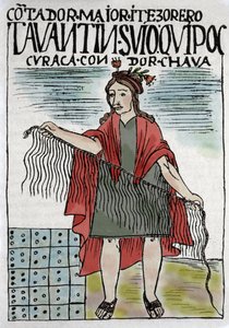 Quipu (Quipo Quipou) نظام محاسبة الإنكا في الحبال والعقدة ، ثقافة الإنكا 1400-1532 بعد الميلاد ، مخطوطة بقلم فيليبي غوامان بوما دي أيالا (نويفا كورونيكا إي بوين غوبييرنو) ، كاتب عمود هندي من القرن السادس عشر.