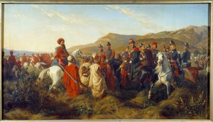 غزو الجزائر (1830-1847): حلقة من حملة الجزائر عام 1840 - منح دوق أورليانز فرديناند فيليب (فرديناند فيليب) (1810-1842) ، ابن الملك لويس فيليب (لويس فيليب) الأول ، الحرية لـ اثنين من السجناء العرب بالقرب من معسكر Bl
