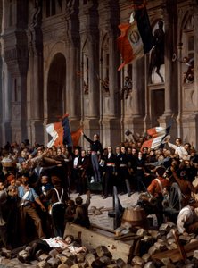 ثورة 1848: ألفونس دي لامارتين (1790 - 1869) ، رافضًا العلم الأحمر للعلم ثلاثي الألوان ، في دار البلدية. باريس ، 26 فبراير 1848. تفاصيل لوحة هنري فيليكس فيليبوتو (1815 - 1884) ، باريس ، متحف دو بيتي باليه - ثورة 1848