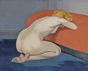 امرأة عارية راكعة أمام أريكة حمراء ، 1915