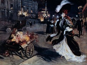 Belle Epoque: امرأة ترتدي البلشون في أحد شوارع باريس ليلاً. رسم فيليكس فورنيري (1865-1938)