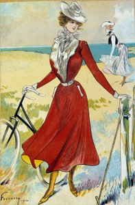 Fashion Belle Epoque: "" الزي الرياضي "" لراكبة دراجة شابة. رسم فيليكس فورنيري (1865-1938) القرن العشرين ، باريس ، الفنون الزخرفية