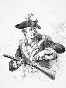 An American soldier, during the War of Independence, using his powder horn to prime the pan of his flintlock musket, engraved by A. Bollett (engraving) بواسطة فيليكس أوكتافيوس كار (بعد) دارلي