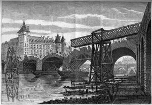 تحولات باريس تحت الإمبراطورية الثانية ، Haussmann Paris: هدم Pont au Change (1639-1647) وتركيب الجسر المؤقت. نقش لفيليكس ثوريني في "" Le Monde Illustré "رقم 78 بتاريخ 9 أكتوبر 1858.