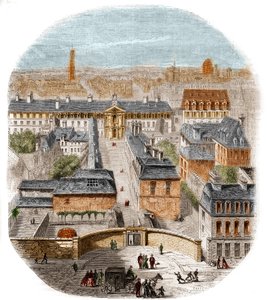 منظر لمصنع نسيج Gobelins في باريس مع دير Capuchins والمرصد وقلعة Queen Blanche. نقش بواسطة Thorigny بواسطة فيليكس ثوريني