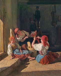 أطفال يزينون قبعة مجند. لوحة لفرديناند جورج فالدمولر (1793-1865) ، زيت على خشب بواسطة فرديناند جورج والدمولر