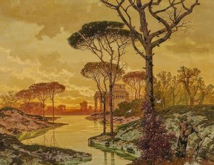 المناظر الطبيعية الشاطئ مساء مع فيلا على الطراز العتيق. 1901