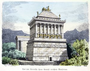 ضريح هاليكارناسوس ، من سلسلة من "عجائب الدنيا السبع في العالم القديم" المنشورة في "Muenchnener Bilderbogen". 1886 (نقش الألوان)