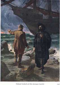 نظر دالاند إلى الغريب بحماس ، وهو توضيح من حانة The Stories of Wagners Operas. بقلم جورج هاراب وشركاه المحدودة 1932