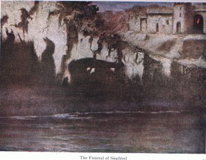جنازة سيفريد ، صورة توضيحية من The Stories of Wagners Operas Pub. بقلم جورج هاراب وشركاه المحدودة 1932 بواسطة فرديناند ليكي