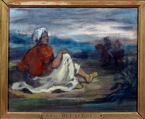 عربي يجلس في الريف على حافة طريق لوحة باستيل ليوجين ديلاكروا (1798-1863) مجموعة خاصة من القرن التاسع عشر بواسطة فرديناند فيكتور يوجين ديلاكروا