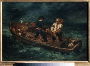 "بعد حطام سفينة" (يُطلق عليها أيضًا "حطام السفن المتروكة في زورق") الناجون من حطام سفينة على طوف. لوحة ليوجين ديلاكروا (1798-1863) 1847 متحف بوشكين للفنون الجميلة ، موسكو بواسطة فرديناند فيكتور يوجين ديلاكروا