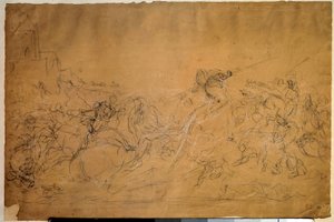 Battle Scene Drawing on Salmon Paper by Eugene Delacroix (1798-1863) 19th century Sun. 0.30 X 0.45 m. Paris, Louvre Museum بواسطة فرديناند فيكتور يوجين ديلاكروا