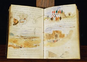 رسومات تخطيطية للعرب، ومناظر طبيعية للمغرب، وحشود عربية، وبوابة مكناس وملاحظات مكتوبة بخط اليد ... بواسطة فرديناند فيكتور يوجين ديلاكروا