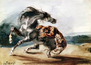نمر يهاجم حصان بري (قلم حبر وألوان مائية على ورق) بواسطة فرديناند فيكتور يوجين ديلاكروا