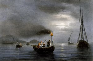 الصيد الليلي بواسطة مصباح الصيد ، الطباعة الحجرية الملونة لفرديناند بيرو (1808-1841)