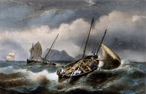 صيد سمك السردين على طول ساحل بريتون ، مطبوعة حجرية ملونة لفرديناند بيرو (1808-1841)