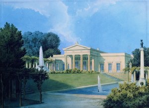 منظر لـ Charlottenhof من الحديقة ، 1855 (قلم وحبر ومرحاض على ورق) بواسطة فرديناند فون أرنيم