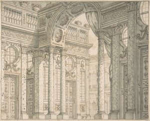 تصميم منظور لمرحلة مع الفناء وقوس النصر ، كاليفورنيا. 1675-1743. بواسطة فرديناندو جالي بيبيينا