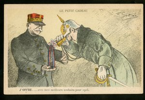 بطاقة بريدية ، ساخرة في الألوان ، كاليفورنيا. 1914_12: هدية صغيرة أقدمها مع أطيب تمنياتي لعام 1915 - حرب 14-18 ، شرائع ، قذائف - ويليام الثاني ، جوفري إيضاح من جوتلوب (1873-1935)