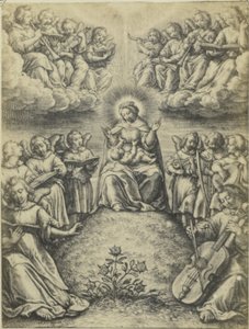 Fotoreproductie van de gravure Le concert des anges door Hieronymus Wierix حفلة الملائكة بواسطة العباقرة