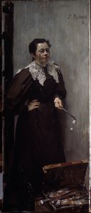 صورة للفنانة آنا أوستروموفا ليبيديفا (أوستروموفا ليبيديفا) (1871-1955) (صورة للفنان أ. أوستروموفا). تمثل واقفة خلف معدات الرسم الخاصة بها ، مع منظار على أنفها وزوج آخر في يدها. اللوحة بواسطة Filipp And بواسطة فيليب أندرييفيتش ماليافين