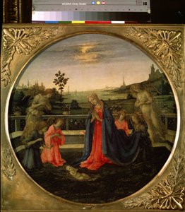 عبادة المسيح الطفل. يسوع المسيح طفل محبوب من العذراء مريم والملائكة. لوحة للفلبيني ليبي (1457-1504) ، حوالي 1480. تمبرا على النحاس. الفن الفلورنسي ، عصر النهضة. متحف هيرميتاج ، سانت بيت بواسطة فلبيني ليبي