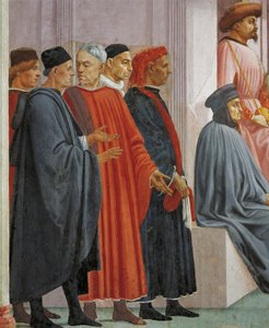 Men in medieval dress, detail from The Raising of the Son of Theophilus, by Tommaso Masaccio, fresco بواسطة فلبيني ليبي
