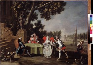 "The Card Party" مجموعة من النبلاء الإيطاليين يلعبون الورق في حديقة. لوحة لفيليبو فالشياتور (1718-1768) متحف بوشكين في القرن الثامن عشر ، موسكو بواسطة فيليبو فالكياتور