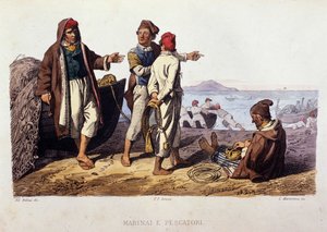 ميتير صغير لمملكة نابولي: بحارة وصيادون. نقش بعد لوحة لف. باليزا. من عمل Francesco de Bourcard "" Costumi del regno di Napoli ""