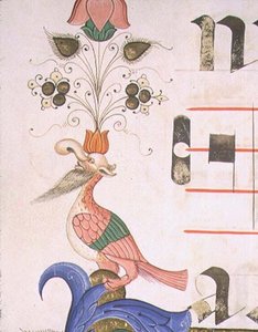 Missal 515 f.120v طائر غروتسك برأس بشري ، تفاصيل إطار زخرفي من كتاب جوقة تم تنفيذه قبل 1449 (رق)