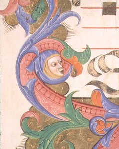 Missal 515 f.156r أوراق شجر زومورفيك برأس مغطى ، تفاصيل إطار زخرفي من كتاب جوقة تم تنفيذه قبل عام 1449 بواسطة Filippo di Matteo Torelli