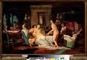 عشية حفل الزفاف في الحمام - لوحة من قبل Firs Sergeevich Zhuraviev (1836-1901) ، زيت على قماش 1885 ، فن روسي
