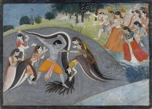 كريشنا إخضاع كاليا ، شيطان الأفعى: ورقة من سلسلة بهاجافاتا بورانا ، كاليفورنيا. 1785. بواسطة الجيل الأول بعد ماناكو ونينسوخ.