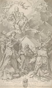 شفيع قديسي بولونيا ينظرون إلى الأعلى إلى العذراء الجالسة في السحب مع ... ، 1640-50.