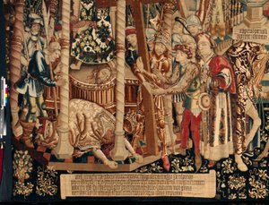 كاتدرائية (The Seo. Ca tedral of Savior of Zaragoza). متحف النسيج. نسيج فلمنكي. أسطورة الصليب المقدس (أسطورة الصليب المقدس ، أسطورة الصليب المقدس). التفاصيل. تقريبا. 1450. 430x1120 سم. بواسطة المدرسة الفلمنكية