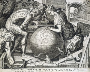 Characters leaning above the globe with comppas (allegory of geometry) - engraving, Flanders بواسطة المدرسة الفلمنكية