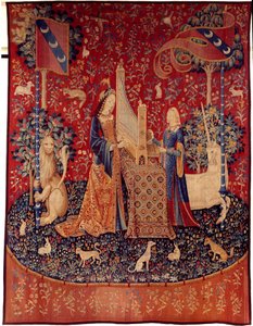 ستارة سيدة يونيكورن (سيدة يونيكورن): السمع. نسيج من الصوف والحرير صنع بين عامي 1484 و 1500. من شاتو دو بوساك ، كروز. خافت. 3،7x4،7 م. باريس ، المتحف الوطني للعصور الوسطى ، Thermes de Cluny بواسطة المدرسة الفلمنكية