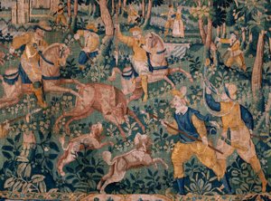 نسيج فلمنكي. صيد الغزلان (صيد الغزلان). استوديو Oudenaarde. 295x331 سم. الفاتورة (82941) -1 / خاصة. القرن ال 17. بواسطة المدرسة الفلمنكية