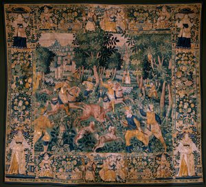 نسيج فلمنكي. صيد الغزلان (صيد الغزلان). استوديو Oudenaarde. 295x331 سم. الفاتورة (82941) -1 / خاصة. القرن ال 17. بواسطة المدرسة الفلمنكية