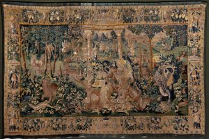 نسيج فلمنكي. منظر طبيعي مع برجولة ووحوش كبيرة ، مع عمودين. استوديو Oudenaarde. 319x508 سم. Inv 0023. القرن السابع عشر. بواسطة المدرسة الفلمنكية