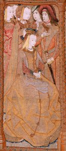 نسيج فلمنكي. سلسلة تكريس السيدة العذراء أو الملابس الذهبية. تتويج العذراء (La Coronación de la Virgen). النسيج الرابع في السلسلة. عارضة أزياء رسام كاريكاتير من دائرة كولين دي كوتر. تصنيع بيتر فان إيلست ، بروكسل. كاليفورنيا 1500-15 بواسطة المدرسة الفلمنكية