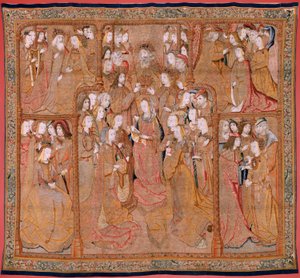 نسيج فلمنكي. سلسلة تكريس السيدة العذراء أو الملابس الذهبية. تتويج العذراء (La Coronación de la Virgen). النسيج الرابع في السلسلة. عارضة أزياء رسام كاريكاتير من دائرة كولين دي كوتر. تصنيع بيتر فان إيلست ، بروكسل. كاليفورنيا 1500-15 بواسطة المدرسة الفلمنكية