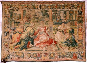 نسيج فلمنكي. مسلسل مارك انطوني وكليوباترا. كليوباترا ومحكمتها (Cleopatra en su corte). نموذج كارتون يُنسب إلى بيتر كويك فان إيلست. تصنيع بروكسل (؟). النصف الثاني من القرن السادس عشر. نسيج حرير وصوف. الحجم 310 × 435 سم. أصل بواسطة المدرسة الفلمنكية