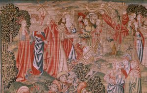 نسيج فلمنكي. سلسلة فداء الإنسان أو الرذائل والفضائل. قيامة المسيح (Resurrección de Cristo). النسيج الثامن في السلسلة (الأول من تلك المحفوظة في برغش). تصنيع بروكسل. Ca 1510. قماش حرير وصوف ، 7 لفات لكل سم. بواسطة المدرسة الفلمنكية