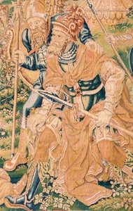 نسيج فلمنكي. سلسلة كتاب جوديث. قطع رأس Holofernes (La decapitación de Holofernes). النسيج السابع في السلسلة. تصنيع هولندا ، بروكسل (؟). النصف الثاني من القرن السادس عشر. نسيج الصوف. موقع كنيسة القديس نيكولاس بواسطة المدرسة الفلمنكية
