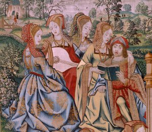 نسيج فلمنكي. سلسلة تاريخ داود وبثشبع. Bathseba في حمامها (Betsabé en el baño sorprendida por David). اللوحة الأولى من السلسلة. نموذج مجهول. تصنيع غير معروف ، بروكسل بواسطة المدرسة الفلمنكية
