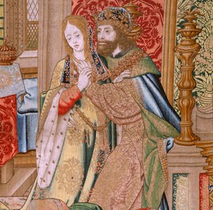 نسيج فلمنكي. سلسلة تاريخ داود وبثشبع. زواج داود وبثشبع (Casamiento de David y Betsabé). اللوحة الثانية من السلسلة. نموذج مجهول. تصنيع غير معروف ، بروكسل. 1505. أقمشة من الذهب والحرير والصوف. بواسطة المدرسة الفلمنكية